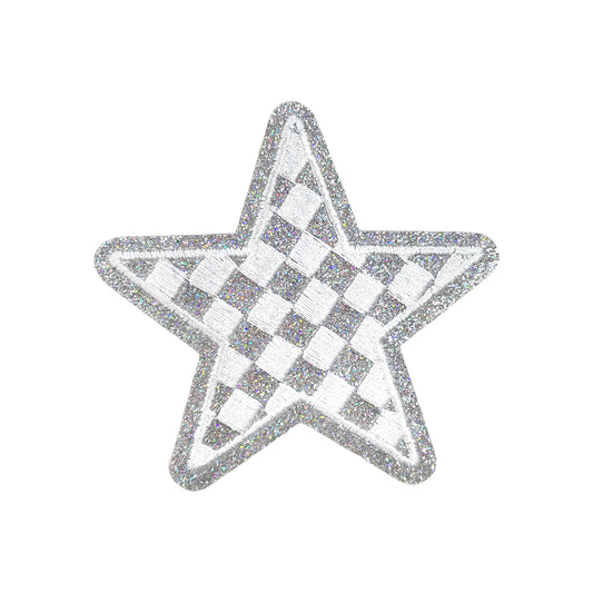 Silver Checkered Star Embroidery Glitter Sequin Patch - Clpatch