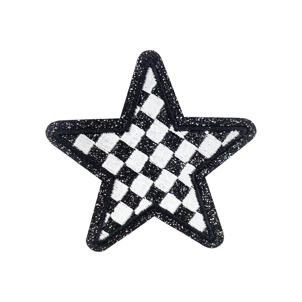 Silver Checkered Star Embroidery Glitter Sequin Patch - Clpatch