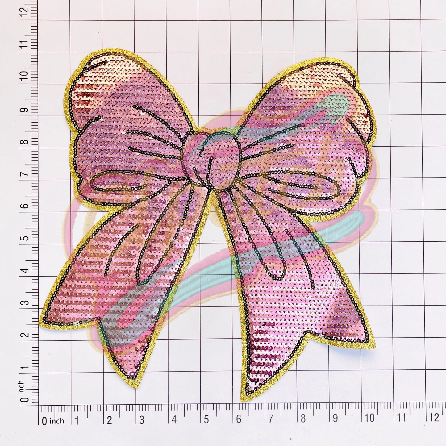 Pink bow sequins embroidery patch with gold edge - Clpatch