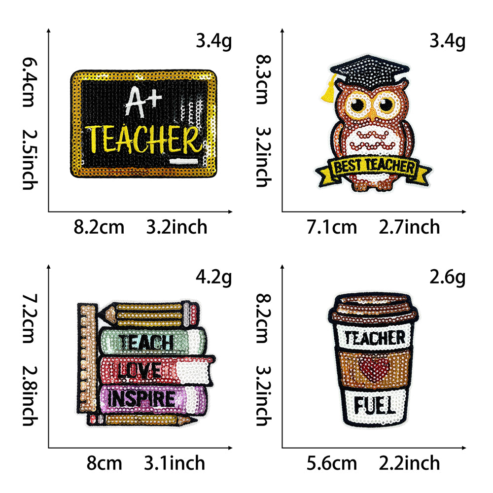 Teacher Sequin Iron On Patches 4Pcs, Back To School Educator Embroidery Appliques, Sequined Blackboard Book Owl Coffee Cup Badges for Jacket Backpack Tote Bag, Teacher Appreciation DIY Gift