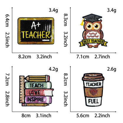 Teacher Sequin Iron On Patches 4Pcs, Back To School Educator Embroidery Appliques, Sequined Blackboard Book Owl Coffee Cup Badges for Jacket Backpack Tote Bag, Teacher Appreciation DIY Gift