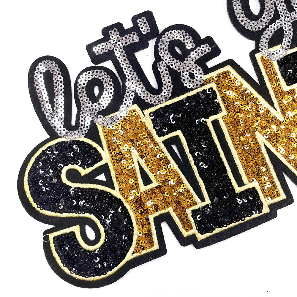 Let’s Go Saints Sequin Iron On Patch, Black Gold Silver Glitter Word Embroidery Applique, Sports Team Spirit Sew On Patch for Hoodie Jacket Backpack Hat, Game Day Fan DIY Decor