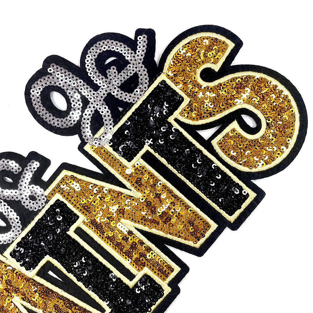 Let’s Go Saints Sequin Iron On Patch, Black Gold Silver Glitter Word Embroidery Applique, Sports Team Spirit Sew On Patch for Hoodie Jacket Backpack Hat, Game Day Fan DIY Decor