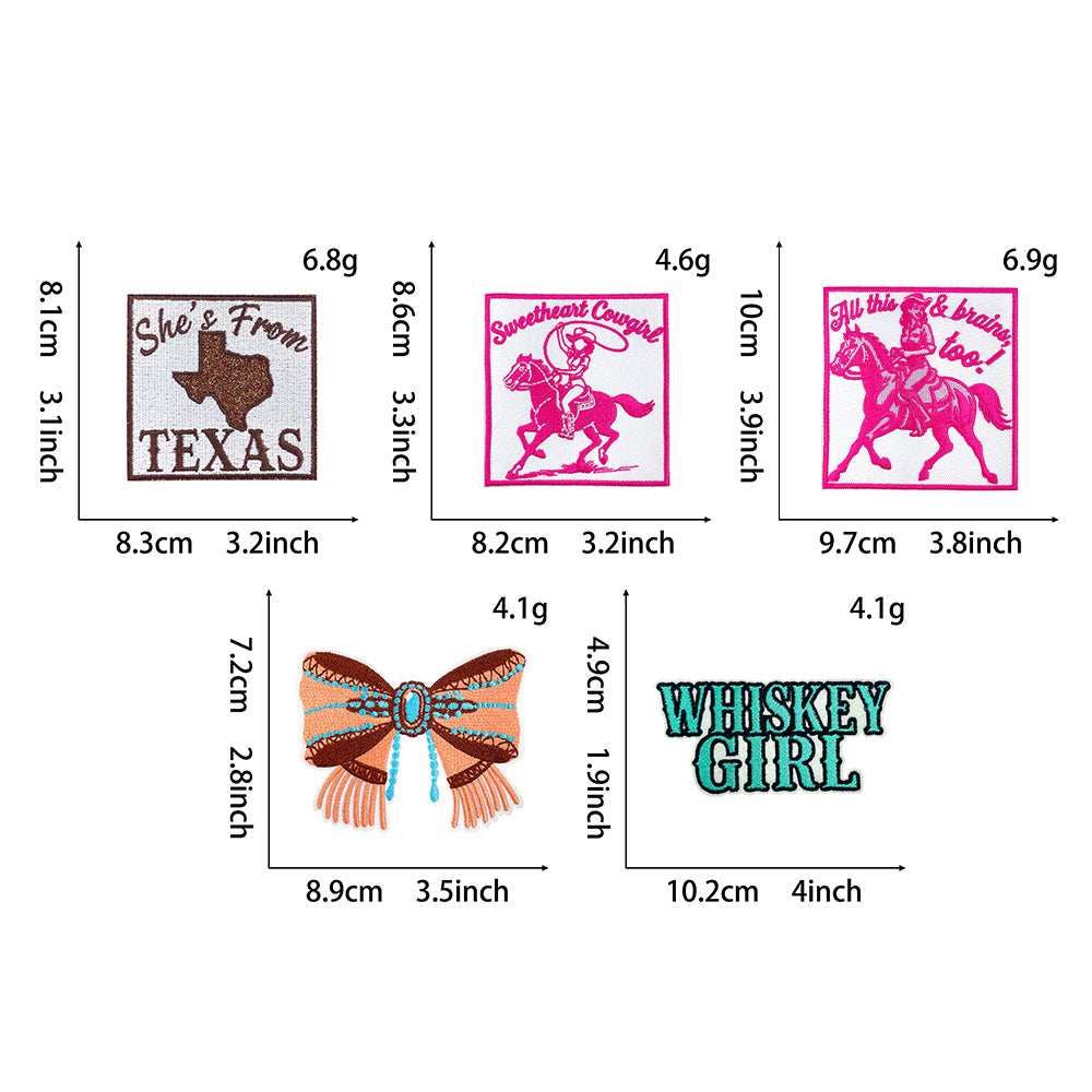 5Pcs Western Cowgirl Iron On Patches Set, Texas, Whiskey Girl, Rodeo Bow Embroidery Appliques, Country Sew On Patches for Jacket, Denim, Hats, Backpacks DIY Decor