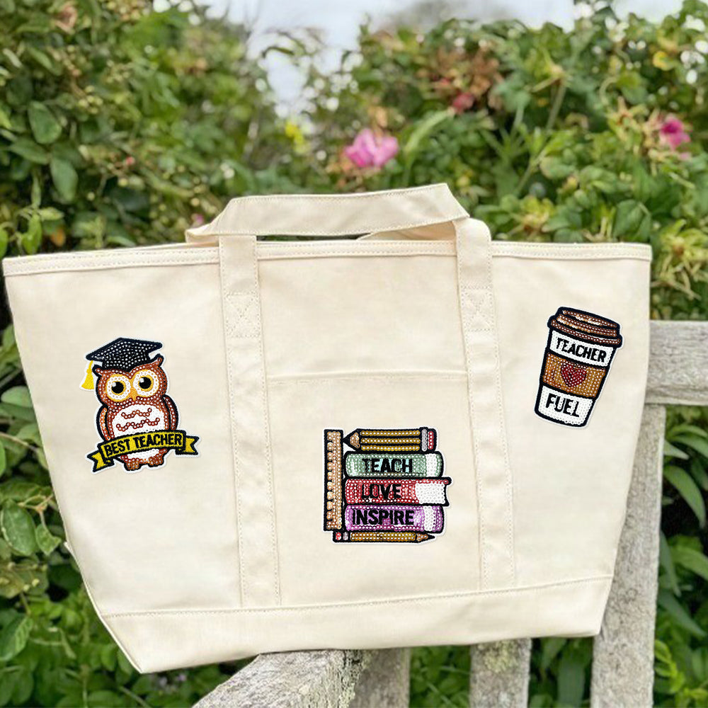 Teacher Sequin Iron On Patches 4Pcs, Back To School Educator Embroidery Appliques, Sequined Blackboard Book Owl Coffee Cup Badges for Jacket Backpack Tote Bag, Teacher Appreciation DIY Gift