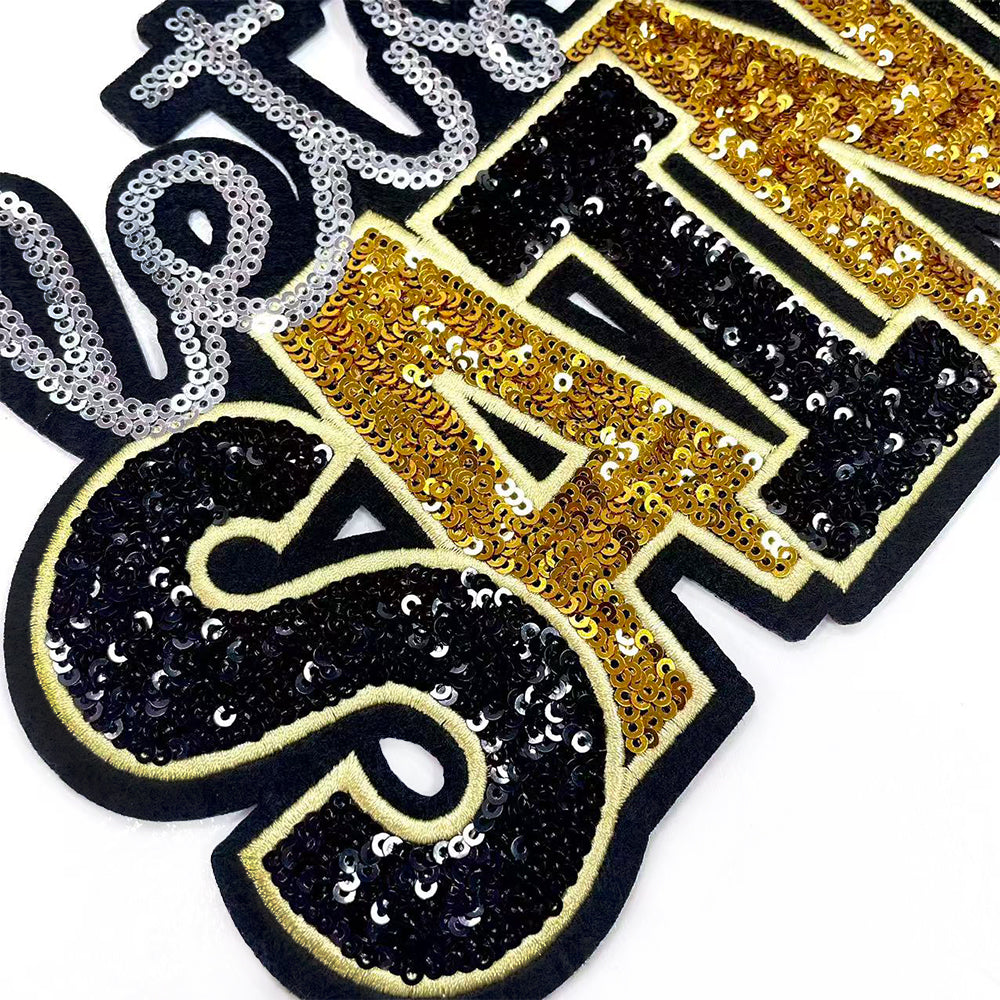 Let’s Go Saints Sequin Iron On Patch, Black Gold Silver Glitter Word Embroidery Applique, Sports Team Spirit Sew On Patch for Hoodie Jacket Backpack Hat, Game Day Fan DIY Decor