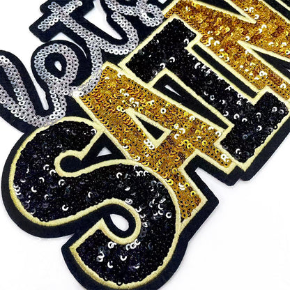 Let’s Go Saints Sequin Iron On Patch, Black Gold Silver Glitter Word Embroidery Applique, Sports Team Spirit Sew On Patch for Hoodie Jacket Backpack Hat, Game Day Fan DIY Decor