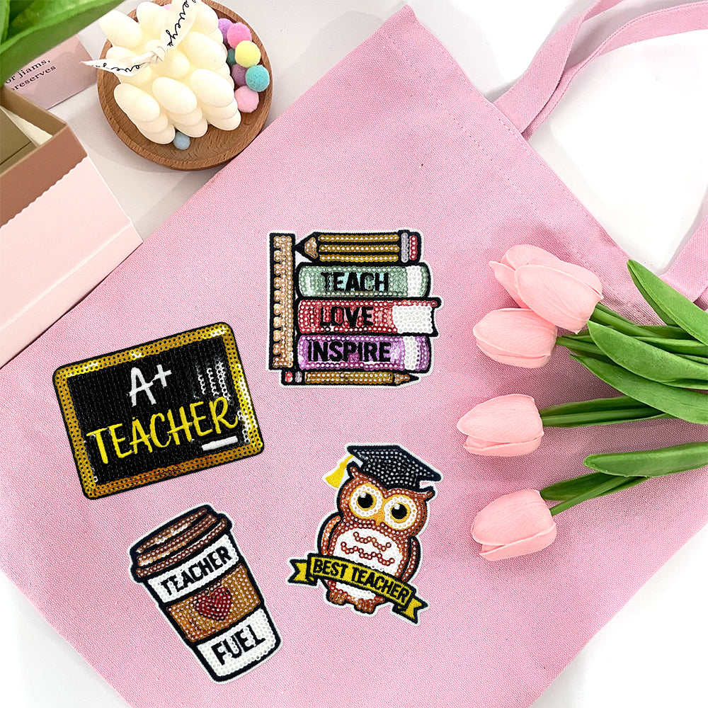 Teacher Sequin Iron On Patches 4Pcs, Back To School Educator Embroidery Appliques, Sequined Blackboard Book Owl Coffee Cup Badges for Jacket Backpack Tote Bag, Teacher Appreciation DIY Gift