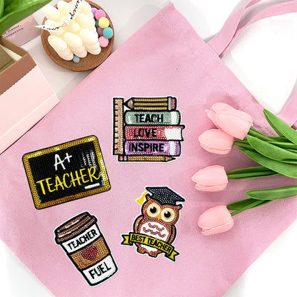 Teacher Sequin Iron On Patches 4Pcs, Back To School Educator Embroidery Appliques, Sequined Blackboard Book Owl Coffee Cup Badges for Jacket Backpack Tote Bag, Teacher Appreciation DIY Gift