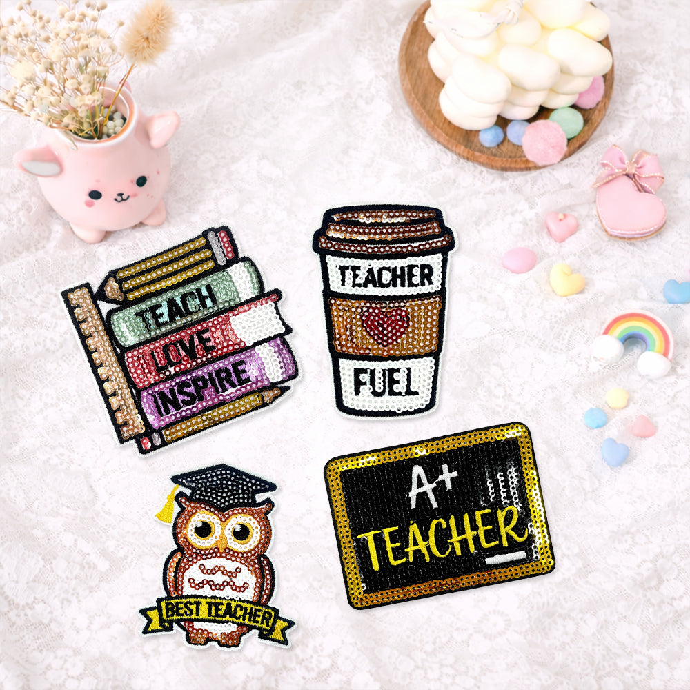Teacher Sequin Iron On Patches 4Pcs, Back To School Educator Embroidery Appliques, Sequined Blackboard Book Owl Coffee Cup Badges for Jacket Backpack Tote Bag, Teacher Appreciation DIY Gift