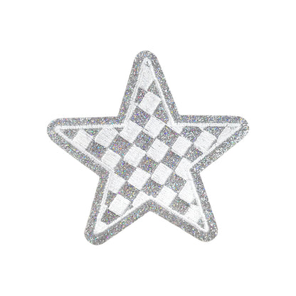Silver Checkered Star Embroidery Glitter Sequin Patch - Clpatch