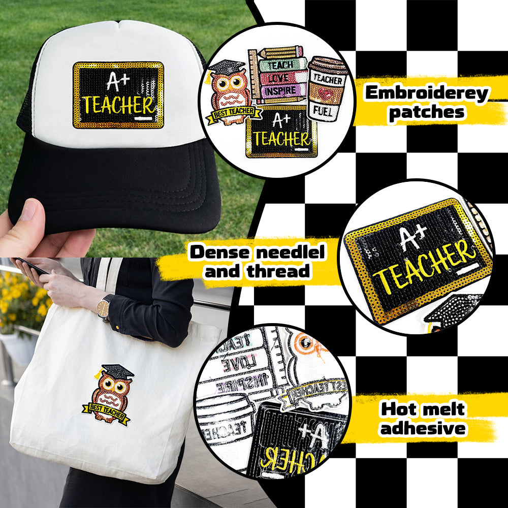 Teacher Sequin Iron On Patches 4Pcs, Back To School Educator Embroidery Appliques, Sequined Blackboard Book Owl Coffee Cup Badges for Jacket Backpack Tote Bag, Teacher Appreciation DIY Gift