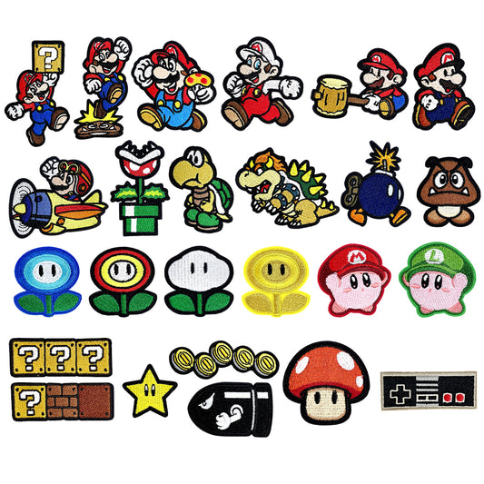 Super Mario Iron On Embroidery Patches 25Pcs, Cute Game Character Appliques, Cartoon Mario Luigi Kirby Bowser Mushroom Coin Star Badges for Clothing, Backpacks, Jackets & Hats, DIY Craft Decor