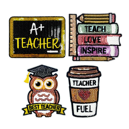 Teacher Sequin Iron On Patches 4Pcs, Back To School Educator Embroidery Appliques, Sequined Blackboard Book Owl Coffee Cup Badges for Jacket Backpack Tote Bag, Teacher Appreciation DIY Gift