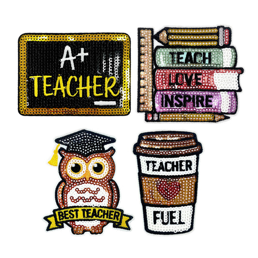 Teacher Sequin Iron On Patches 4Pcs, Back To School Educator Embroidery Appliques, Sequined Blackboard Book Owl Coffee Cup Badges for Jacket Backpack Tote Bag, Teacher Appreciation DIY Gift