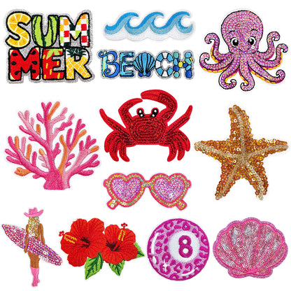 12Pcs Summer Sequin Embroidered Iron-On Patches in tropical pink style