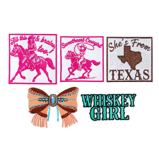 5Pcs Western Cowgirl Iron On Patches Set, Texas, Whiskey Girl, Rodeo Bow Embroidery Appliques, Country Sew On Patches for Jacket, Denim, Hats, Backpacks DIY Decor