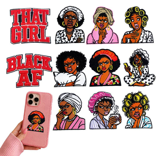 Black Women Iron On Embroidery Patches 12Pcs, Afro Girl Slogan Appliques, Embroidered Badges with That Girl, Black AF for Clothing, Backpacks, Jackets & Phone Cases, DIY Craft Decor