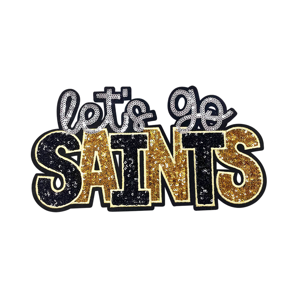 Let’s Go Saints Sequin Iron On Patch, Black Gold Silver Glitter Word Embroidery Applique, Sports Team Spirit Sew On Patch for Hoodie Jacket Backpack Hat, Game Day Fan DIY Decor