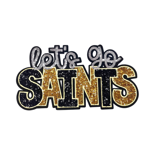 Let’s Go Saints Sequin Iron On Patch, Black Gold Silver Glitter Word Embroidery Applique, Sports Team Spirit Sew On Patch for Hoodie Jacket Backpack Hat, Game Day Fan DIY Decor