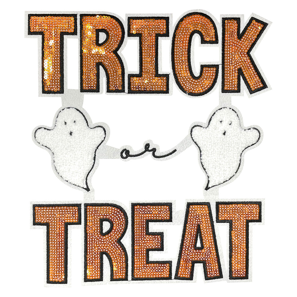 Large Halloween Iron On Patches Set, Trick Or Treat Double Ghost & Spooky Season Pumpkin Ghost Embroidery Appliques, Holiday Sew On Patches for Denim Jacket, Hoodie, Backpack DIY Decor