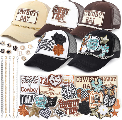 Wild West DIY Hat Kit: 5 Customizable Cowboy Trucker Hats with Chains & 30 Patches - Clpatch