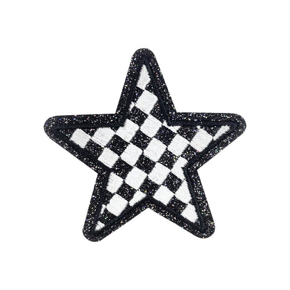 Silver Checkered Star Embroidery Glitter Sequin Patch - Clpatch