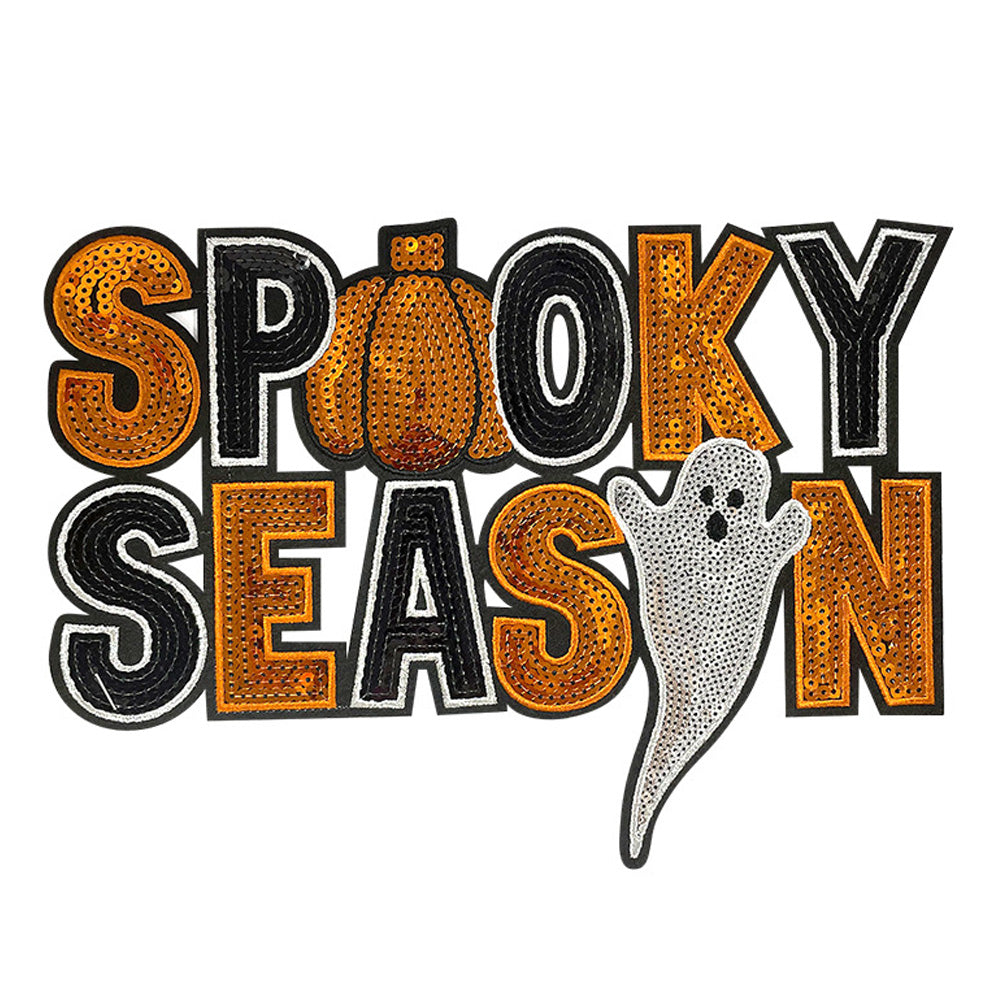 Large Halloween Iron On Patches Set, Trick Or Treat Double Ghost & Spooky Season Pumpkin Ghost Embroidery Appliques, Holiday Sew On Patches for Denim Jacket, Hoodie, Backpack DIY Decor