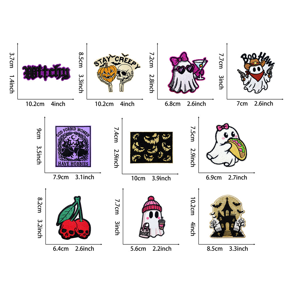 Witchy Halloween Iron On Embroidery Patches, Spooky Ghost Pumpkin Skull Haunted House Applique, Gothic Sew On Patch for Jacket Backpack Hat, Cute Western Ghost Decorative Badge