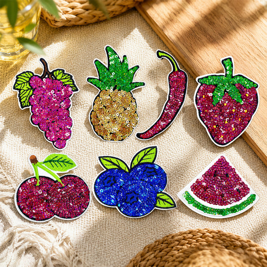 Fruit Sequin Iron On Patches 9Pcs, Colorful Fruit Embroidery Appliques, Sparkly Sequined Badges with Grape Pineapple Strawberry Cherry Watermelon Mango Chili Peach for Clothing Backpack Jackets Hats DIY Craft Decor