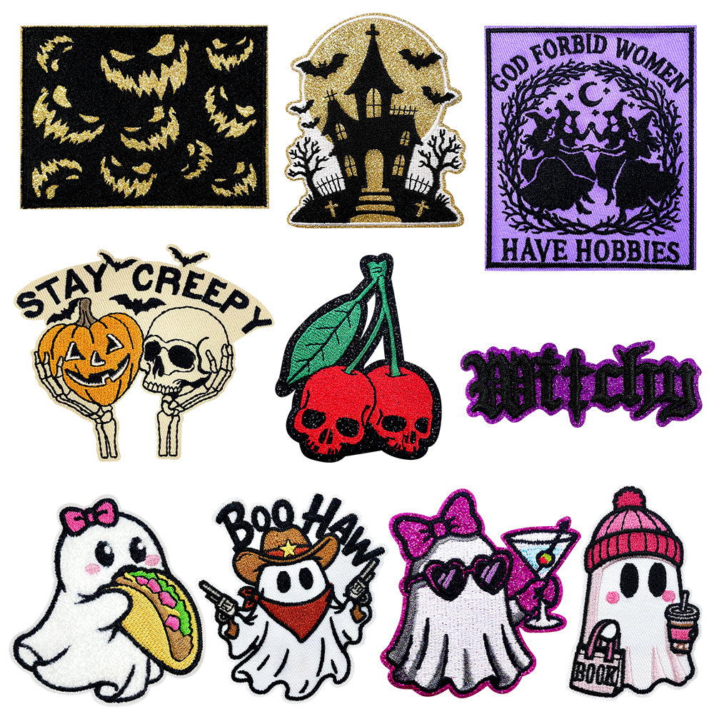 Witchy Halloween Iron On Embroidery Patches, Spooky Ghost Pumpkin Skull Haunted House Applique, Gothic Sew On Patch for Jacket Backpack Hat, Cute Western Ghost Decorative Badge