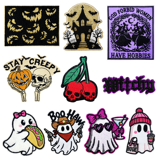 Witchy Halloween Iron On Embroidery Patches, Spooky Ghost Pumpkin Skull Haunted House Applique, Gothic Sew On Patch for Jacket Backpack Hat, Cute Western Ghost Decorative Badge