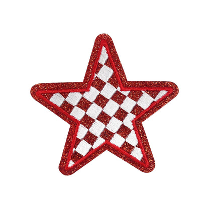 Silver Checkered Star Embroidery Glitter Sequin Patch - Clpatch