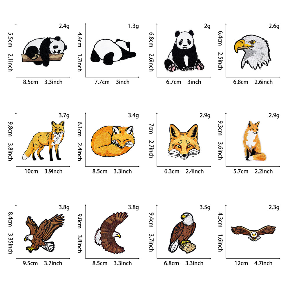 12Pcs Animal Iron On Patches Set, Panda Bald Eagle Red Fox Embroidery Appliques, Wildlife Sew On Patches for Jackets, Hats, Backpacks, Jeans DIY Clothing Decor