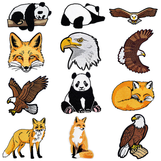 12Pcs Animal Iron On Patches Set, Panda Bald Eagle Red Fox Embroidery Appliques, Wildlife Sew On Patches for Jackets, Hats, Backpacks, Jeans DIY Clothing Decor