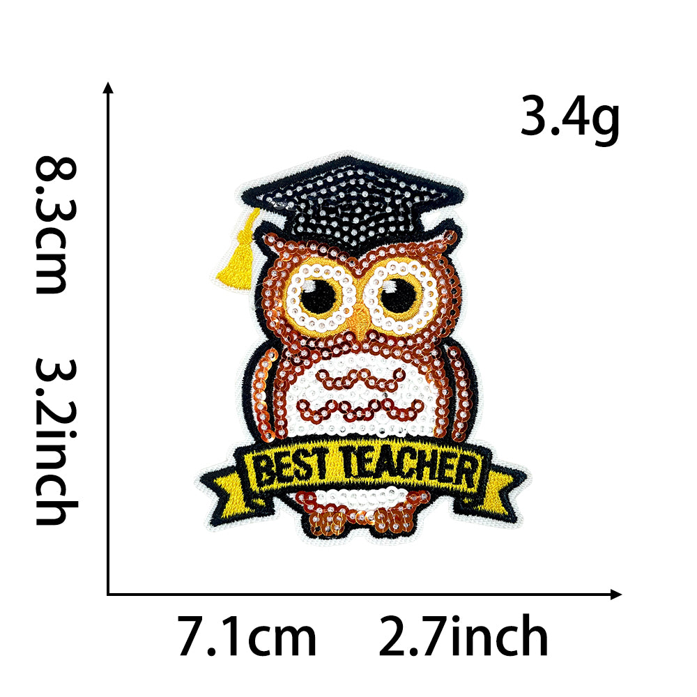 Teacher Sequin Iron On Patches 4Pcs, Back To School Educator Embroidery Appliques, Sequined Blackboard Book Owl Coffee Cup Badges for Jacket Backpack Tote Bag, Teacher Appreciation DIY Gift