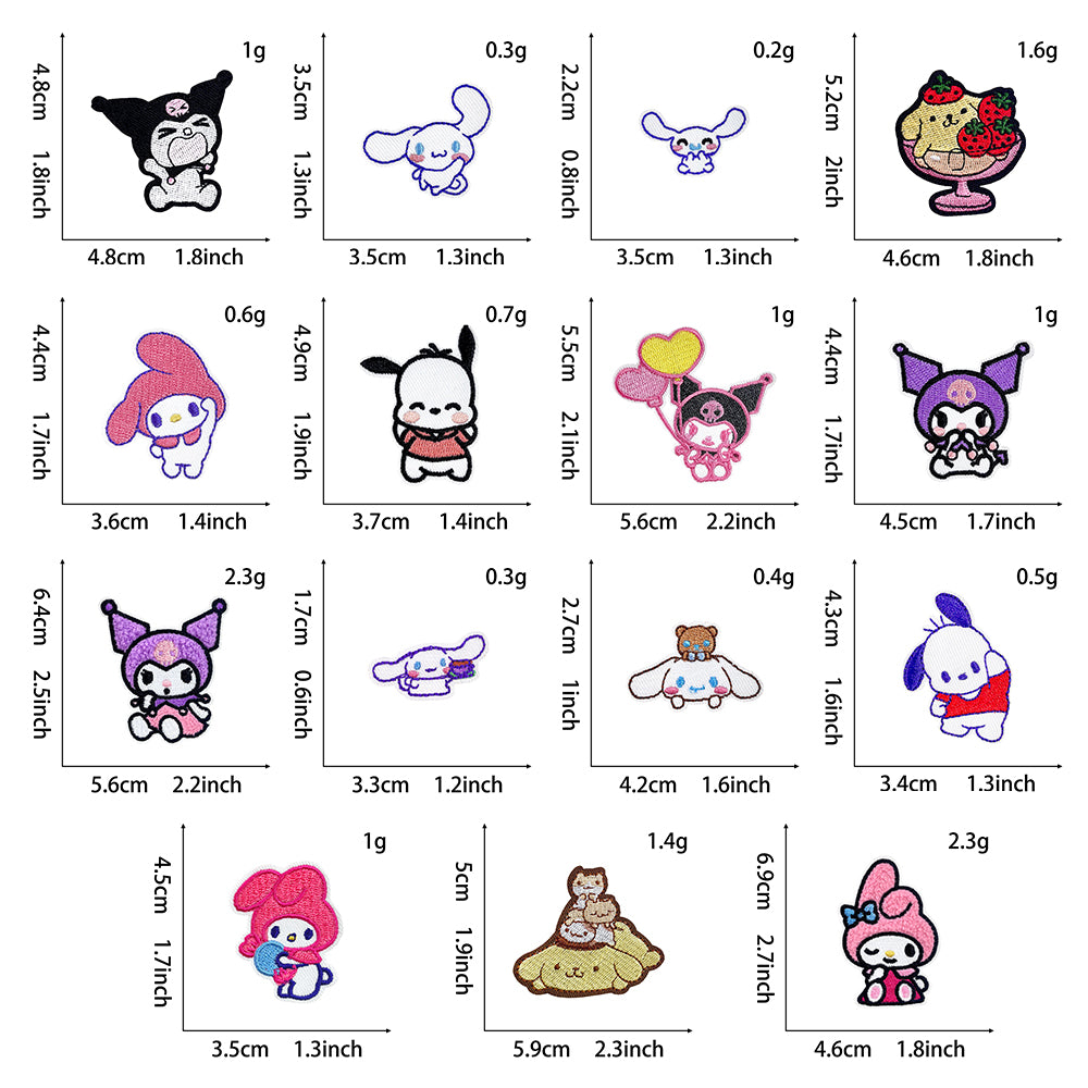 Cute Sanrio Iron On Embroidery Patches 15Pcs, Kawaii My Melody Kuromi Cinnamoroll Pompompurin Pochacco Chenille Appliques, Cartoon Character Badges for Clothing Backpack Jackets Hats DIY Craft Decor