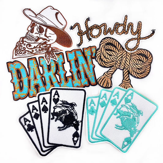 Western Cowgirl Iron On Patches 6Pcs, Howdy Darlin Cowboy Skull Rope Bow Poker Card Embroidery Appliques, Vintage Country Sew On Patches for Jacket, Hat, Backpack, Jeans DIY Decor
