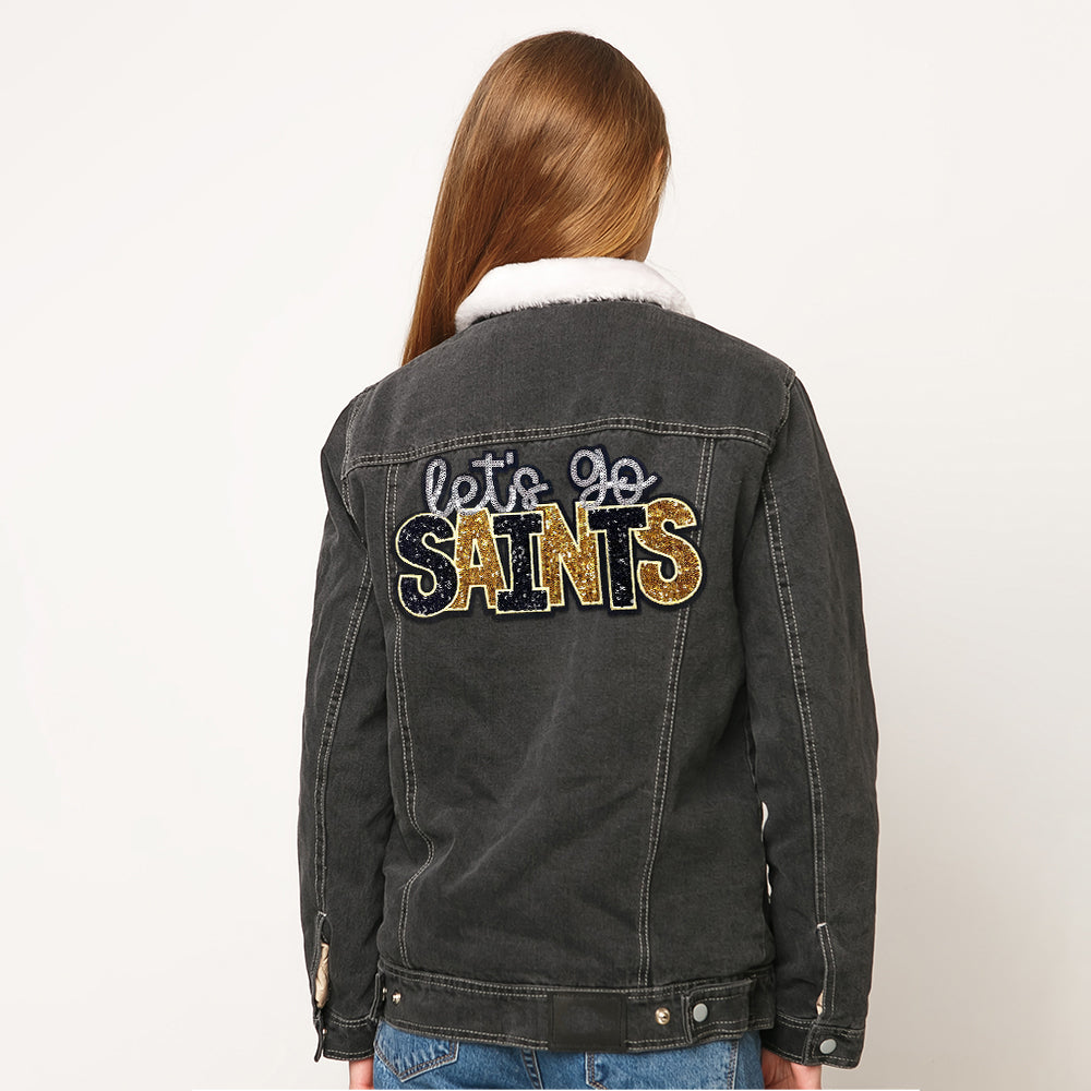Let’s Go Saints Sequin Iron On Patch, Black Gold Silver Glitter Word Embroidery Applique, Sports Team Spirit Sew On Patch for Hoodie Jacket Backpack Hat, Game Day Fan DIY Decor