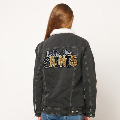 Let’s Go Saints Sequin Iron On Patch, Black Gold Silver Glitter Word Embroidery Applique, Sports Team Spirit Sew On Patch for Hoodie Jacket Backpack Hat, Game Day Fan DIY Decor