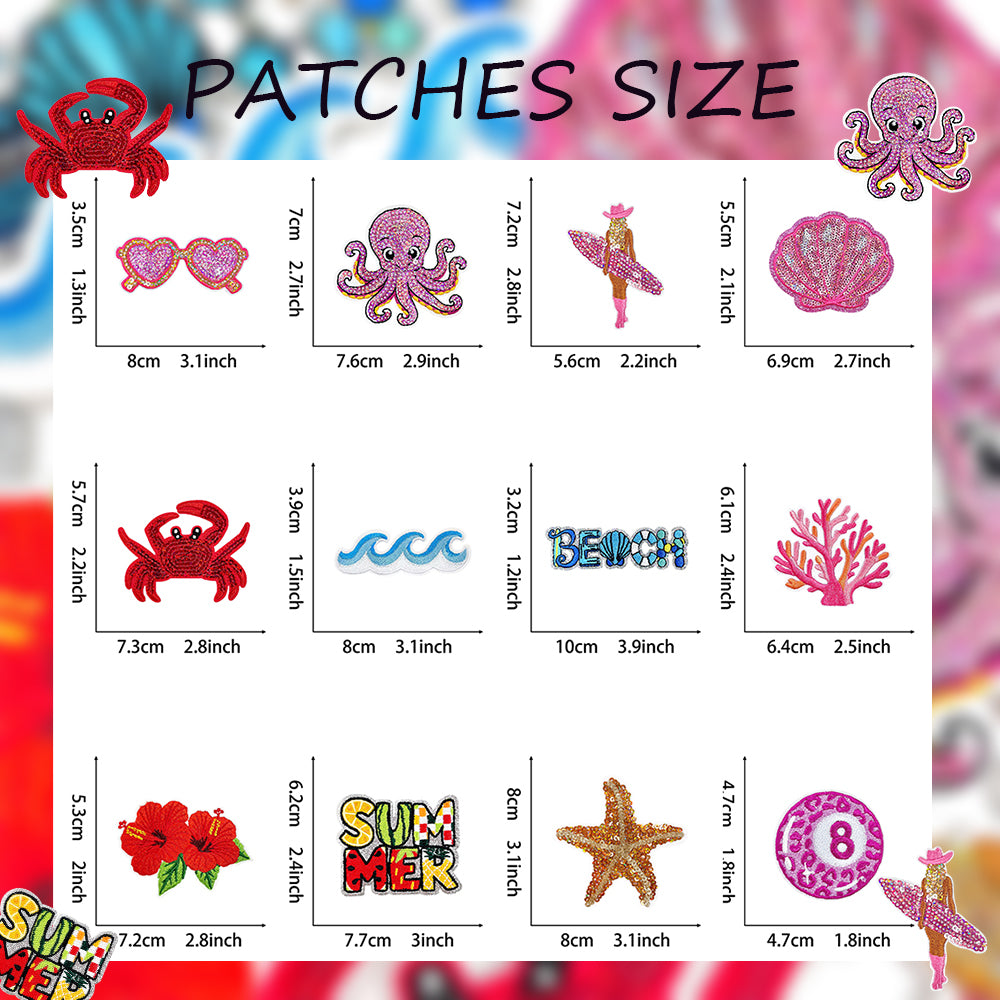 12Pcs Summer Sequin Embroidered Iron-On Patches in tropical pink style