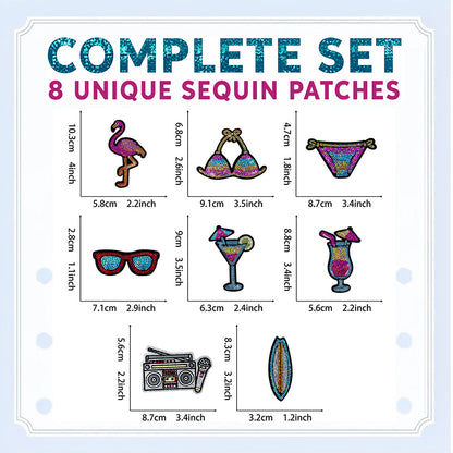 8Pcs Summer Sequin Embroidered Iron-On Patches