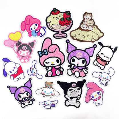 Cute Sanrio Iron On Embroidery Patches 15Pcs, Kawaii My Melody Kuromi Cinnamoroll Pompompurin Pochacco Chenille Appliques, Cartoon Character Badges for Clothing Backpack Jackets Hats DIY Craft Decor