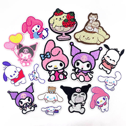 Cute Sanrio Iron On Embroidery Patches 15Pcs, Kawaii My Melody Kuromi Cinnamoroll Pompompurin Pochacco Chenille Appliques, Cartoon Character Badges for Clothing Backpack Jackets Hats DIY Craft Decor