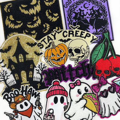 Witchy Halloween Iron On Embroidery Patches, Spooky Ghost Pumpkin Skull Haunted House Applique, Gothic Sew On Patch for Jacket Backpack Hat, Cute Western Ghost Decorative Badge
