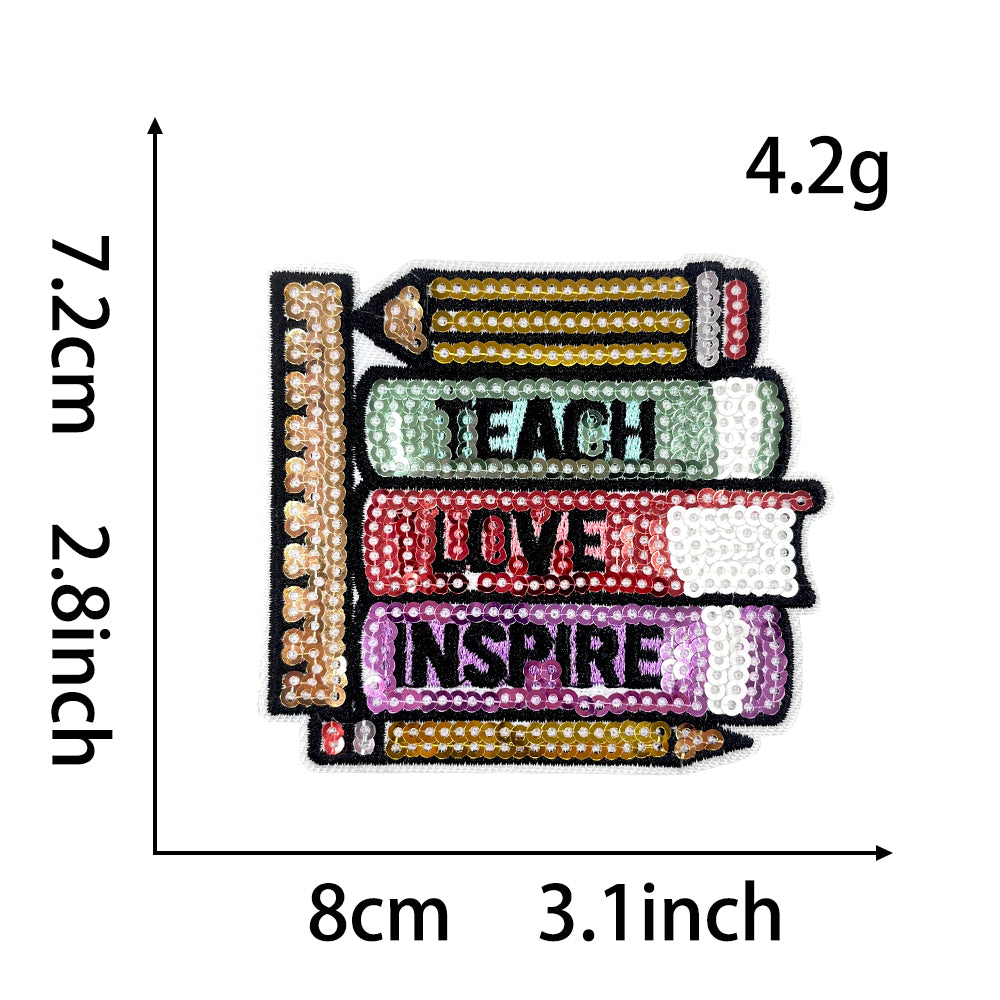 Teacher Sequin Iron On Patches 4Pcs, Back To School Educator Embroidery Appliques, Sequined Blackboard Book Owl Coffee Cup Badges for Jacket Backpack Tote Bag, Teacher Appreciation DIY Gift