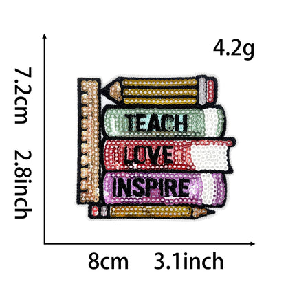 Teacher Sequin Iron On Patches 4Pcs, Back To School Educator Embroidery Appliques, Sequined Blackboard Book Owl Coffee Cup Badges for Jacket Backpack Tote Bag, Teacher Appreciation DIY Gift