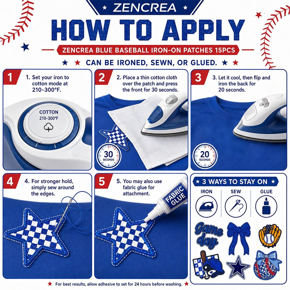 Baseball Iron On Patches Blu 15Pcs