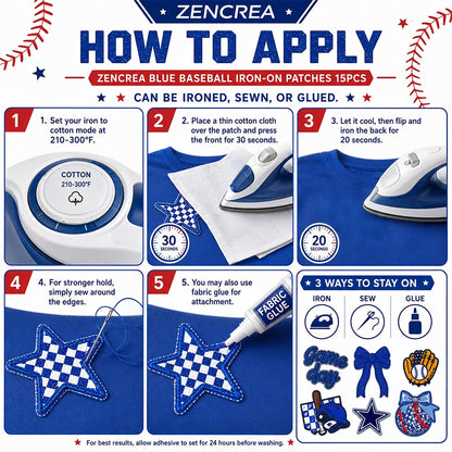 Baseball Iron On Patches Blu 15Pcs