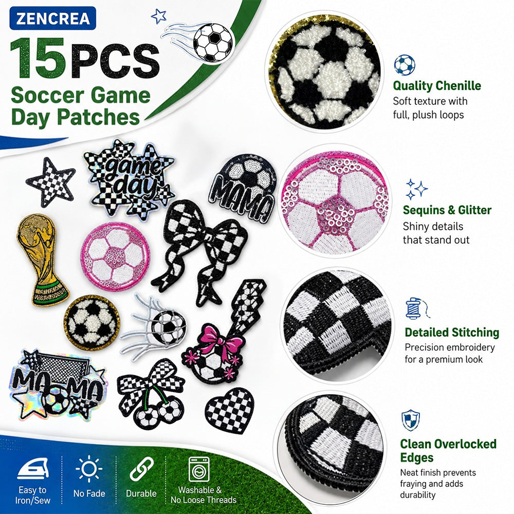 Soccer Patches 15 Pcs, Game Day Chenille Patches Iron On , Embroidered Appliques Sports Patches for Clothes, Backpacks, Hats, Jerseys & Jeans, Sport Party DIY Accessories